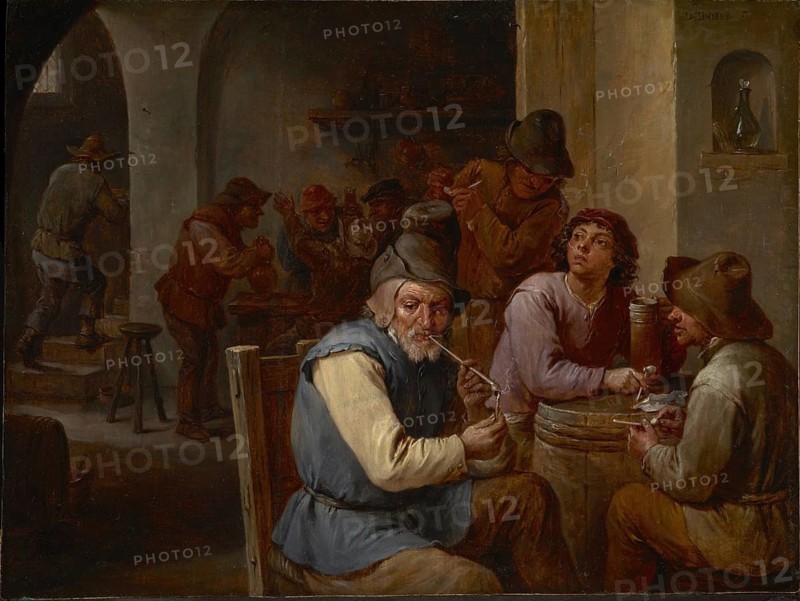 The Country Inn (c. 1660), painting by David Teniers (baptised 15 December 1610 in Antwerp, died 25 April 1690 in Brussels), Flemish painter, draughtsman and curator. He was an innovator in a variety of genres such as history painting, genre painting, landscape, portrait and still life. He is most remembered today as the leading Flemish genre painter of his time, reproduction from a 17th century painting. Authentic, file restored for optimal use, exact date of original unknown