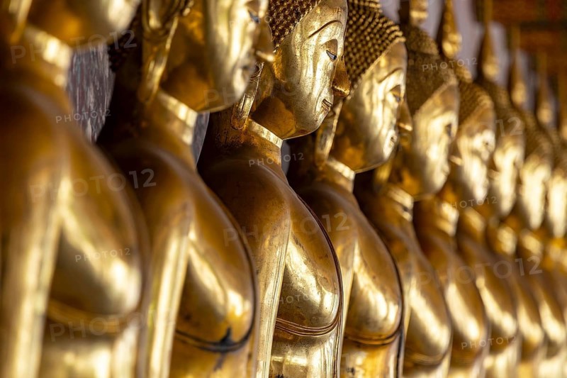 Gilded Buddha statues (Bhumispara-mudra: Buddha Gautama at the moment of enlightenment), Wat Suthat Thepwararam, Royal Temple, Phra Nakhon, Bangkok, Thailand
