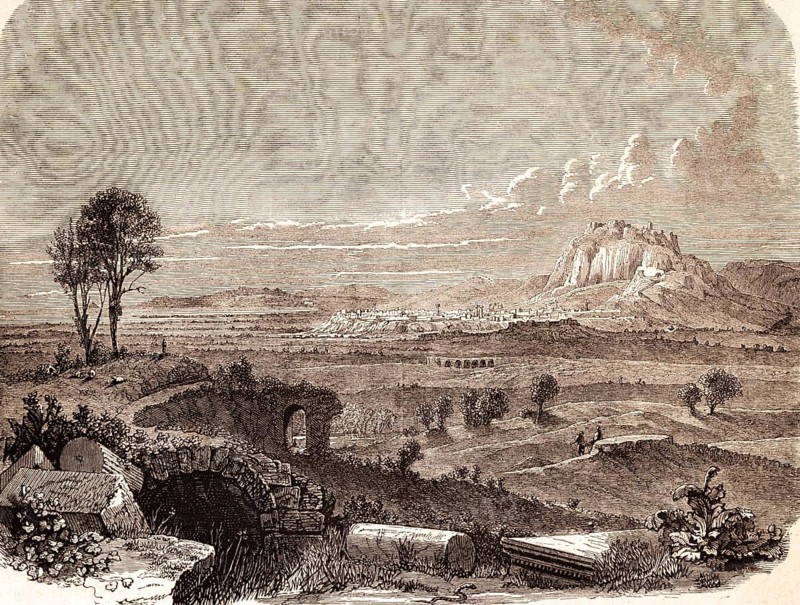 View of today's Corinth, mid-19th century, second epistle Paul to the Corinthians, New Testament, letter, mountain landscape, ruins, isthmus, temple on mountaintop, cityscape, bridge, sheep, walkers, Greece, Bible, historical illustration 1850
