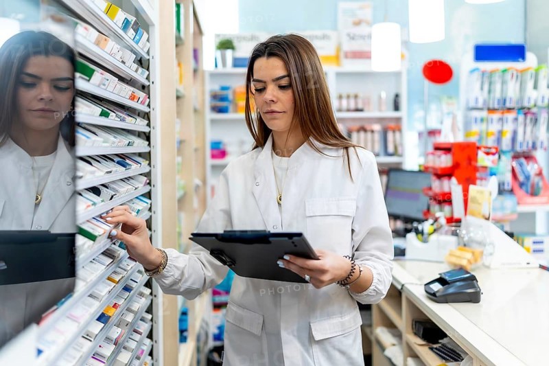 Pharmacist woman in a white coat checking medicine boxes on a shelf in a modern pharmacy while holding a clipboard, ensuring accurate stock management and patient care support