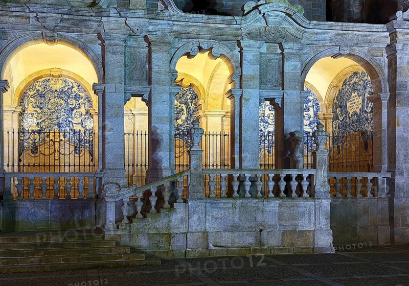 Porto Cathedral at night, north façade — loggia decorated with blue and white azulejos tiles, Sé do Porto, UNESCO World Heritage Site, Porto, Portugal