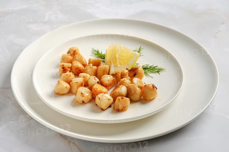 Scallops are placed on a white plate. There is a wedge of lemon and some green herbs beside the scallops. This dish is served in a restaurant. The setting is simple and clean