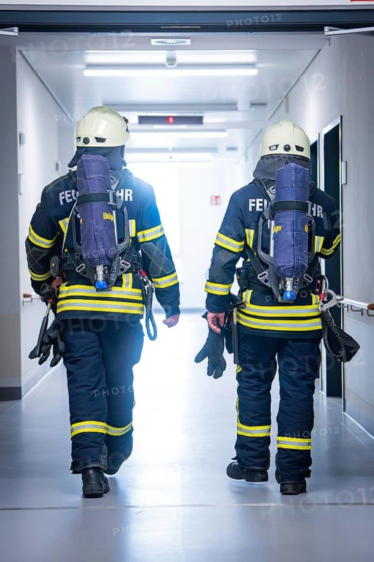 Two firemen in full equipment move through a corridor, fire brigade exercise on blue light day in the new Calw hospital, Germany