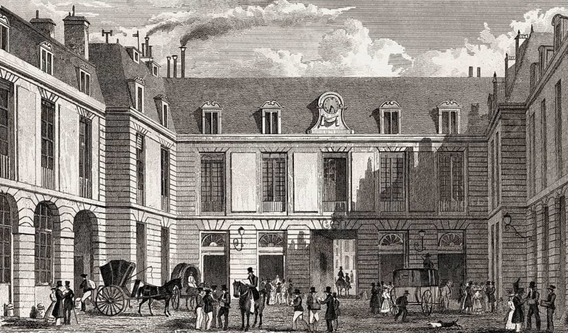 General Post office, Rue Roussillon, Paris, antique steel engraved print, 1831