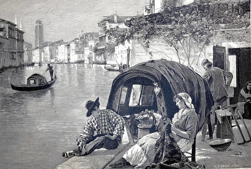 Picture shows a scene in Venice depicting a young man sitting at a canal wall and flirting with a seamstress working outdoors on a chair, 1890, Italy, illustration, reproduction from a 19th century model. Authentic, file restored for optimal use, exact date of submission unknown, Historic, A couple relaxing by the canal as a gondola passes by in the background, Italian cityscape