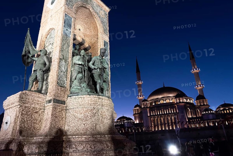 Istanbul, Turkey 10th November 2022 Turkish Republic Monument or Ataturk Statue and the recently built Taksim Mosque opposite Gezi Park close to Istiklal Street in Istanbul, Turkey