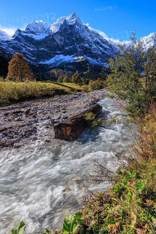 Wild river in front of snow-covered mountains, autumn, maple trees, sunny, Engalm, Großer Ahornboden, Karwendel Mountains, Tyrol, Austria