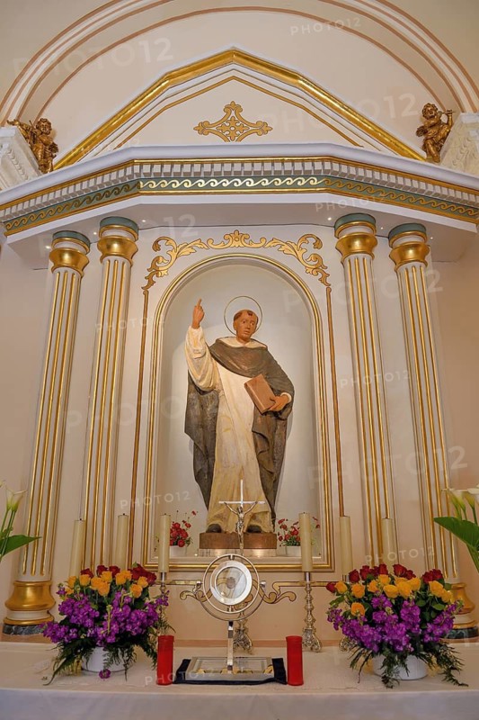 Figure of San Vicente above the altar of the Ermita de San Vicent chapel in Cautivador or Captivador, La Nucía municipality, Alicante province, Valencia region, Costa Blanca, Spain