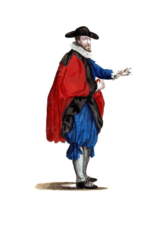 Historical clothing, fashion in the course of time, clothing of a doctor in Holland in 1640, digitally restored reproduction of a model from the 18th/19th century, exact date unknown, a gentleman in historical outfit with red coat and black hat