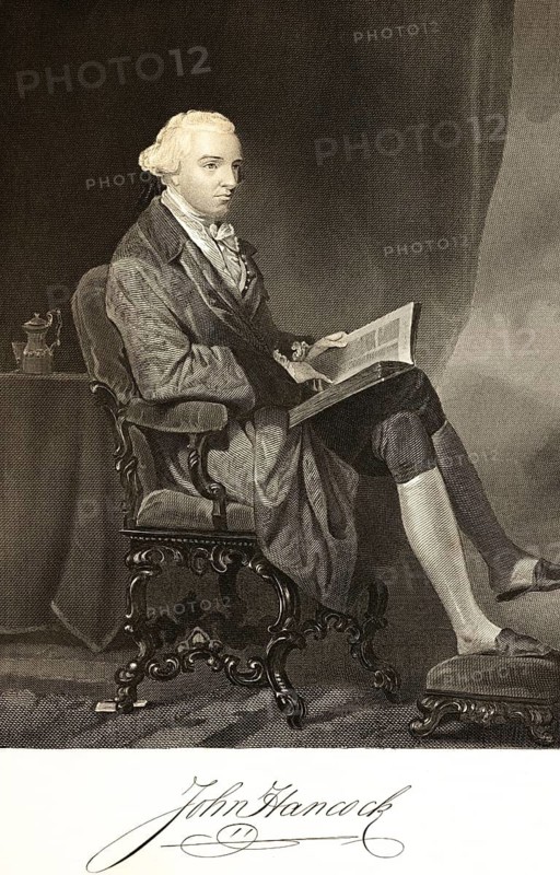 John Hancock (1737-1793) merchant and politician, signatory of the Declaration of Independence, fighter for the independence of the 13 colonies, USA, interior, armchair, sitting, book open, table, thoughtful look, portrait of famous Americans, signature, artist Alonzo Chappel, steel engraving, historical illustration 1862