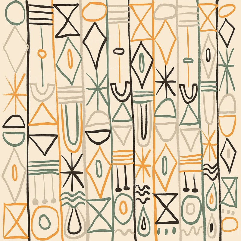 Hand-drawn geometric motifs inspired by desert culture and neo-primitive art, featuring earthy tones of orange, green, and beige in a rhythmic vertical arrangement