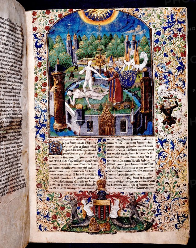 Adam and Eve, title, miniature, 1450, Des cleres et nobles femmes by Giovanni Boccaccio, 1313 – 1375, Italian poet