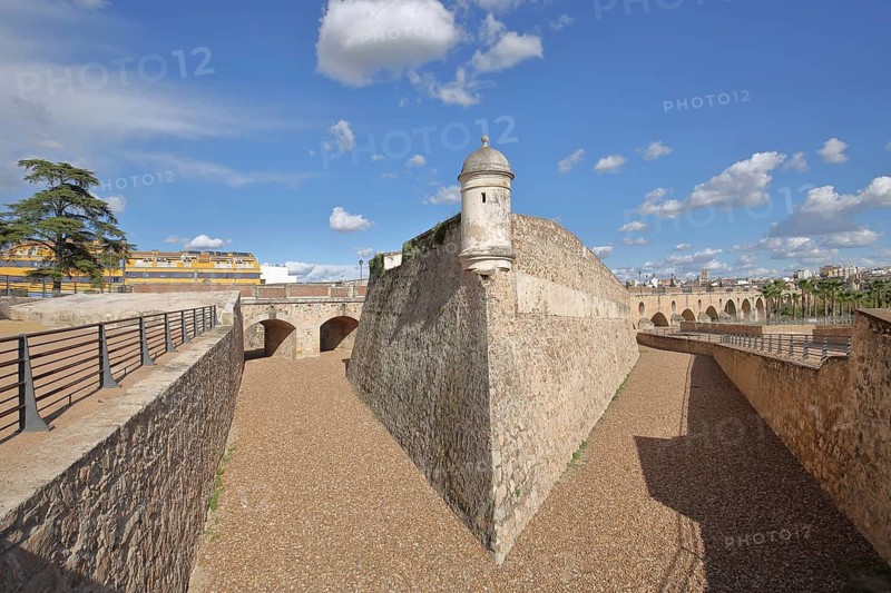 Hornabeque del Puente de Palmas historic town fortification with turret, moat, Badajoz, Extremadura, Spain
