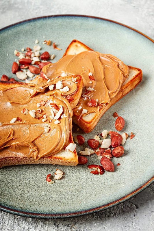 Peanut butter toast, top view, breakfast, no people