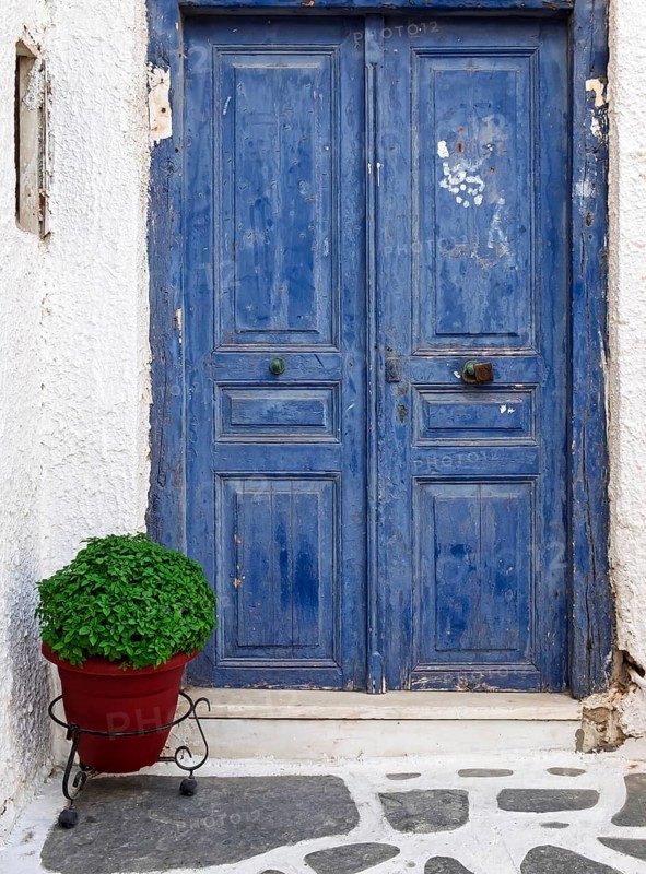 Blue front door in a white house, Naxos, Cyclades, Greece