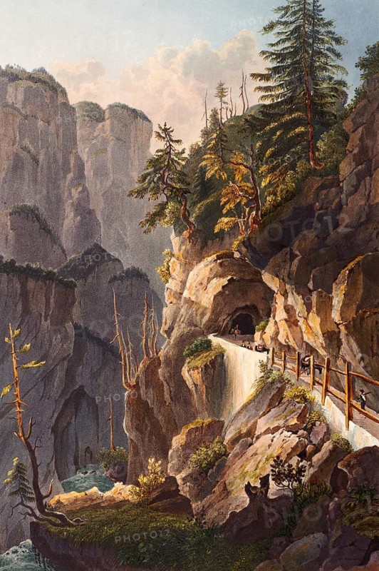View of the abandoned gallery, coming from Tousis, Route du Splugen, gorge and road tunnel, Splügen Pass, Grisons, Switzerland, view around 1830, digitally restored reproduction of a 19th century model by Johann Ludwig Bleuler (12 February 1792 - 28 March 1850), Swiss draughtsman and painter