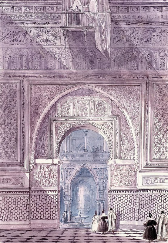 Entrance to the Alcazar Mosque of Seville, Andalusia, Spain, digital reproduction of a painting by Charles Hamilton Smith (1776-1859), historical