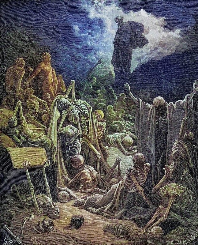 Copperplate engraving from the Dore Bible illustrating Ezekiel 37 1 and 2 The Vision of the Valley of the Dry Bones by Gustave Dore 1832-1883 French artist and illustrator, Historical, digitally restored reproduction from a 19th century original, Record date not stated