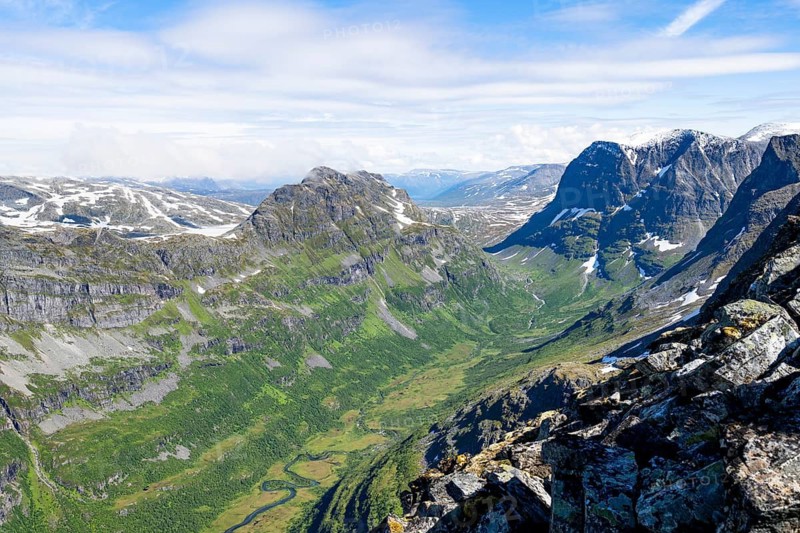 View of mountain scenery from the summit of Innerdalstårnet, Innerdalen high valley, Trollheimen Mountain Area, Sunndal, Møre og Romsda, Vestlandet, Norway