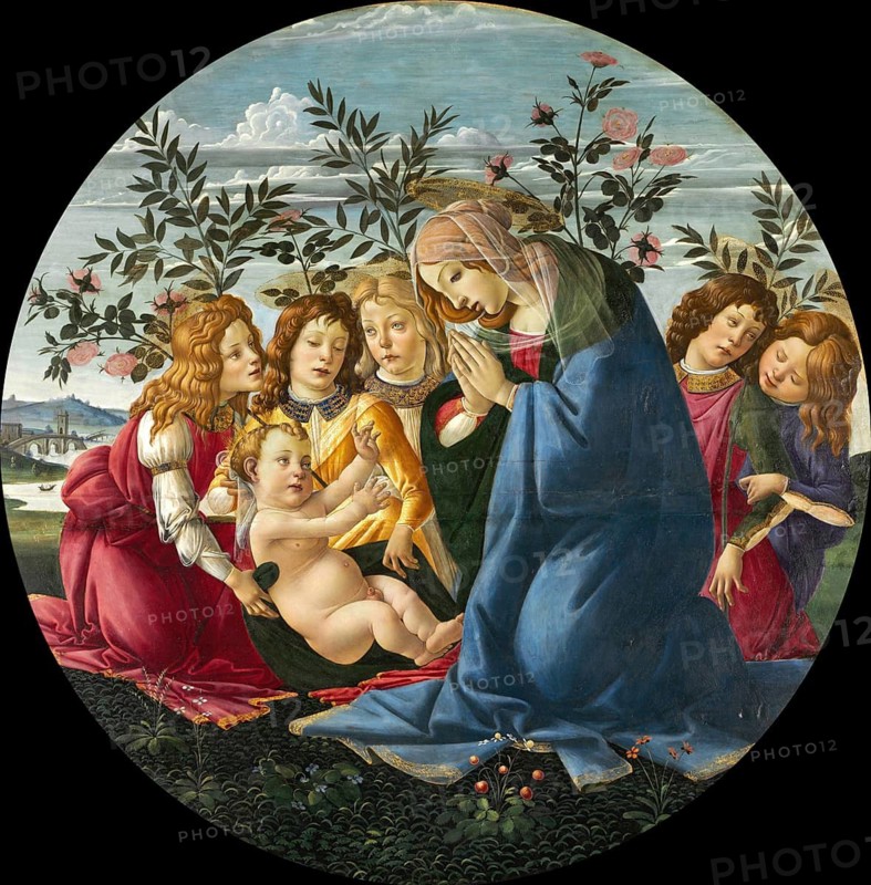 Madonna Adoring the Child with Five Angels (from 1485 to 1490), Madonna Adoring the Child with Five Angels, Painting by Sandro Botticelli (1 March 1445, 1510), one of the most important Italian painters and draughtsmen of the early Renaissance, Historic, digitally restored reproduction from an original, Record date not stated