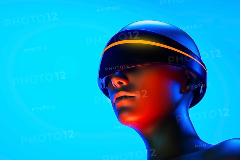 A humanoid wearing virtual goggles experiences an augmented world filled with artificial intelligence and futuristic elements under vibrant lighting