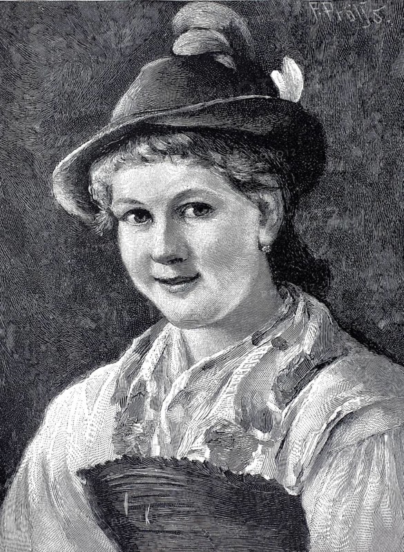 A girl in a dirndl in the Wetterstein area, mountain group of the Northern Limestone Alps in southern Germany and western Austria, 1890, illustration, reproduction from a model from the 19th century. Authentic, file restored for optimal use, exact date of submission unknown, Historical, A smiling portrait of a woman wearing a cap, drawn in classic style