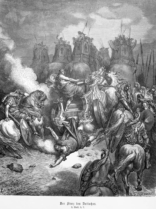 The fall of Antiochus, 2nd book of Maccabees, chapter 9, verse 7, God punishes King Antiochus, war elephants, warriors, weapons, combat, horsemen, chariot, hate, Jews, power of God, Christian religion, Bible, Old Testament, steel engraving Doré, historical illustration 1885