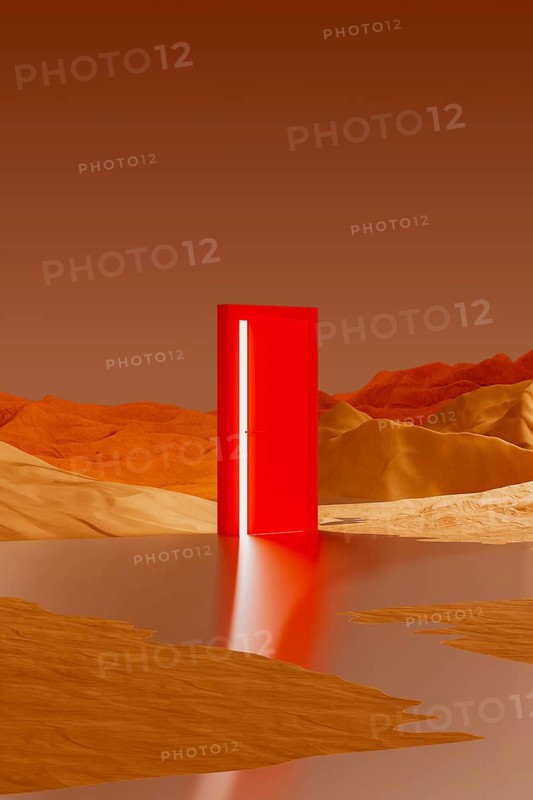 A bright, red door rests in the middle of a surreal desert landscape. A light glows from the door, reflected in a shallow body of water