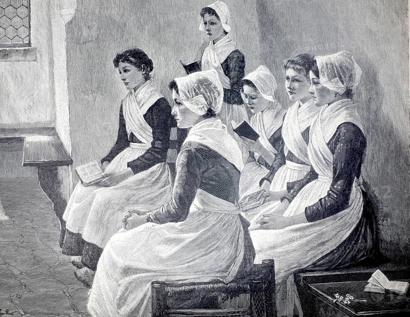 Confirmations in a village church in Holland in 1896, a group of young girls in traditional clothing sitting in a church during a confirmation session. They wear white bonnets, dark tops and white aprons, illustration, reproduction from a model from the 19th century. Authentic, file restored for optimal use, exact date of submission unknown, Historical, a group of woman sitting and reading in a bright room. The atmosphere is calm and concentrated