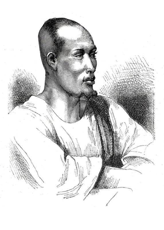 Alassau, a tribal chief and interpreter of the exploratory expedition of General Joseph Gallieni (1849-1916) in Africa in the late 19th century, from the area of the upper Niger, 1896, Niger, Africa, Illustration, Reproduction from a 19th century original. Authentic, File restored for optimal use, Exact date of original unknown, Historical, A pensive looking man is shown in profile in a stylised portrait