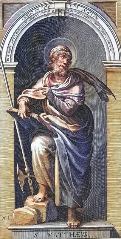 St Matthew, name of a disciple of Jesus of Nazareth, who is named as one of the twelve apostles in all lists of apostles. Since the 2nd century, the apostle Matthew has been identified with the author of the first of the four Gospels of the New Testament, who is not named in the book itself, St. Matthew, Saint, coloured woodcut, digital reproduction of a 19th century original, Historical