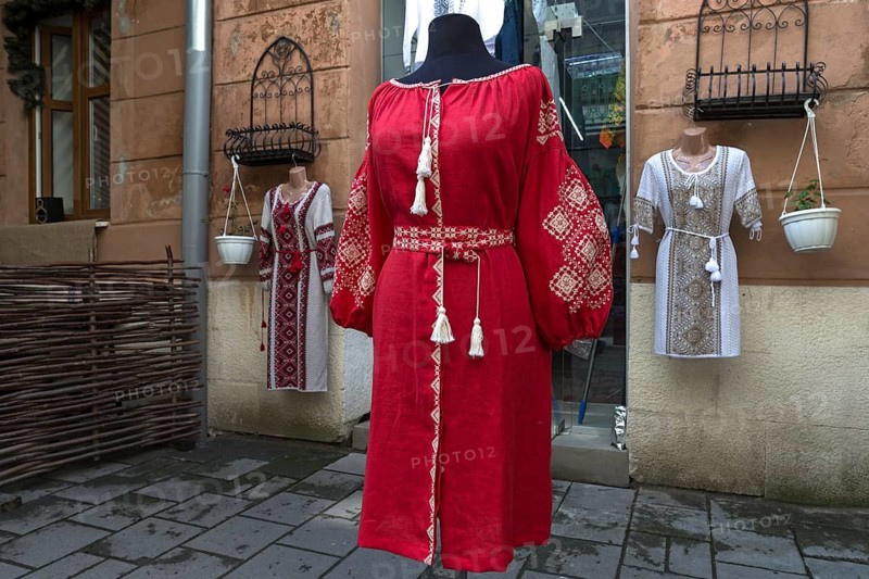 Exhibited dresses with traditional embroideries from Ukraine, Lviv, Ukraine