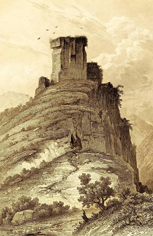 Castle ruins of Peveril Castle or Castleton Castle, Castleton parish, county Derbyshire, rock, mountaintop, location, nature, stream, tower, deserted, fortress, Norman period, England, Great Britain, steel engraving, historical illustration 1842