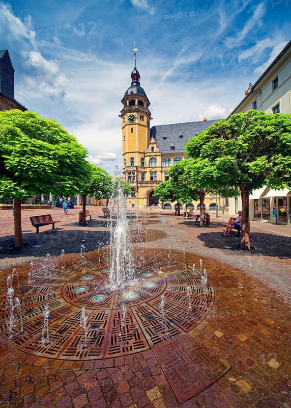 Trick fountains and town hall on the market square, Köthen, Saxony-Anhalt, Germany