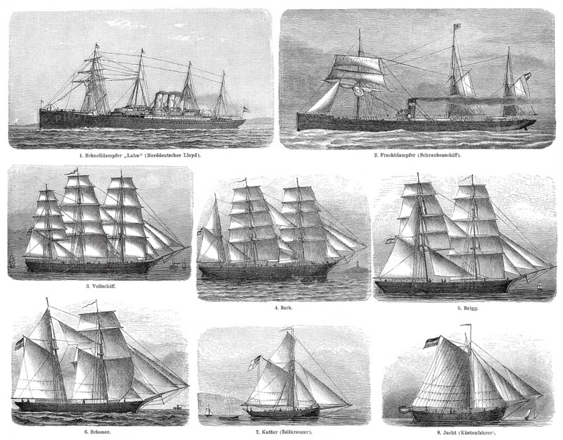 Historical illustration, 19th Century, Different types of merchant ships, verschiedene Typen von Handelsschiffen, historische Zeichnung, 19. Jahrhundert