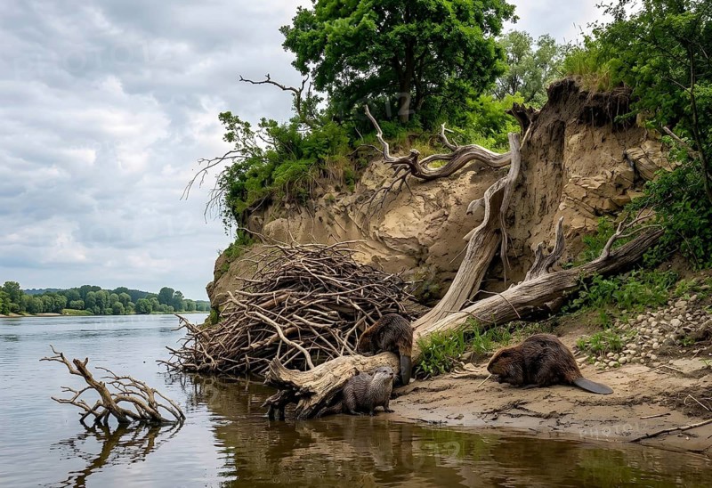 Beaver farming on the Missouri, North America, beaver, rodent, historical illustration, digitally edited