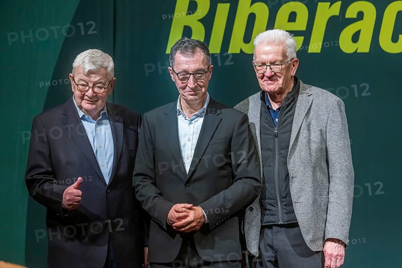 Joschka Fischer, Cem Özdemir, Winfried Kretschann. Political Ash Wednesday of the Green Party in Biberach. In focus: election campaign for the state election on March 8 with leading candidate Cem Özdemir. Biberach, Baden-Württemberg, Germany