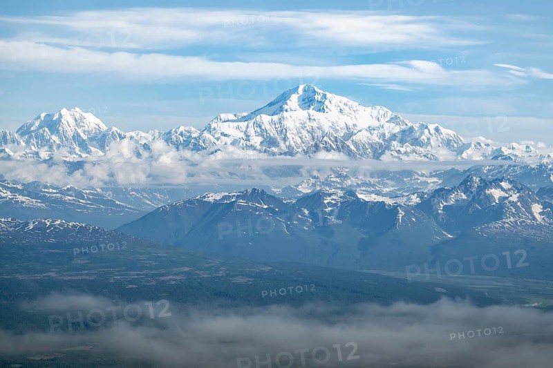 Panorama, clouds over high mountains, Mt Foraker and Mt Denali or Mount McKinley, aerial view, Alaska Range, Denali National Park, Alaska, USA