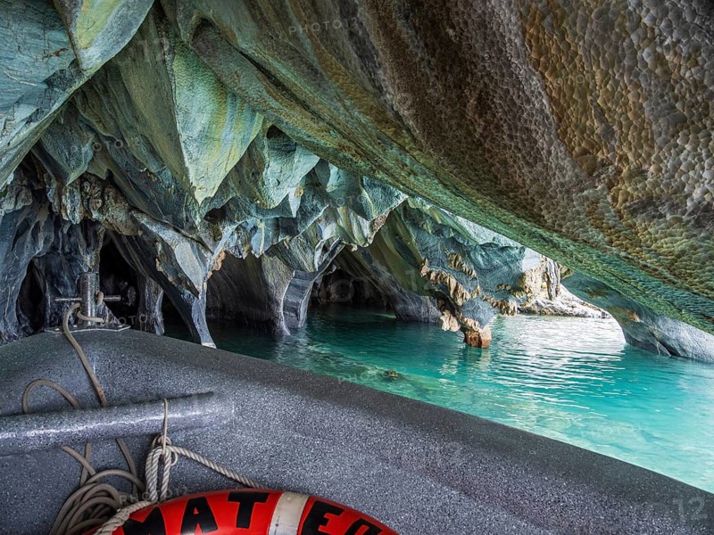 Excursion boat inside the marble caves, Puerto Sanchez, lake Lago General Carrera, Chile