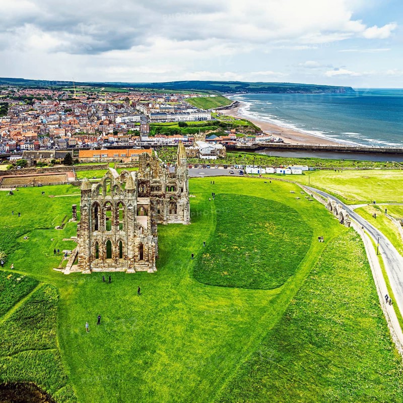Whitby Abbey over River Esk from a drone, North Yorkshire, England, United Kingdom