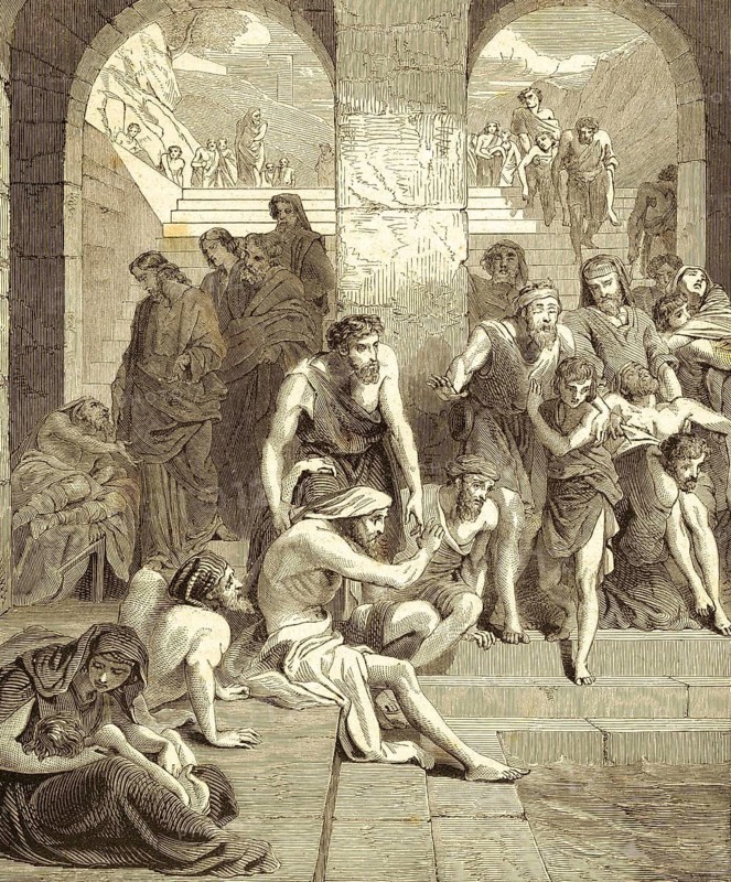 The sick man at the pool of Bethesda, Jerusalem, chapter 5, verse 2 and 3, Gospel of John, New Testament, sick, blind, lame, drought waiting, healing, relief, hope, despair, Jesus, hall, bath, crowd, Bible, historical illustration 1850