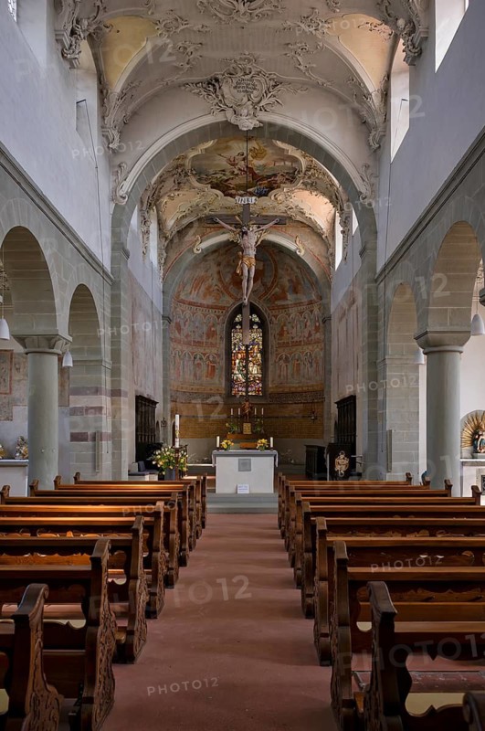 Interior view, choir, altar, collegiate church Sankt Peter und Paul, Niederzell, Insel Reichenau, Landkreis Konstanz, Baden-Württemberg, Germany