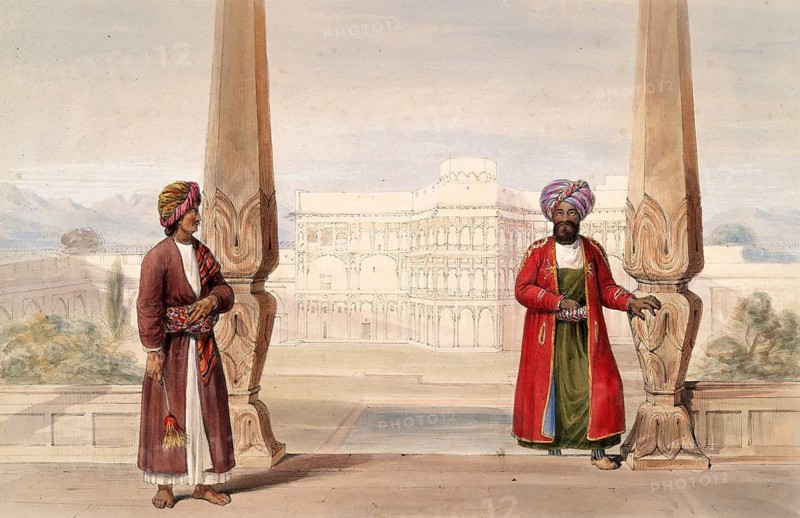 Clothing from historical Afghanistan. A nobleman from Dooranee and his attendant in the palace of Kandahar, Afghanistan, after an illustration from 1838 by James Atkinson (1780-1852), Illustration, Reproduction from a 19th century original. Authentic, file restored for optimal use, exact date of original unknown, Historical, Two men in splendid clothing stand in front of a magnificent palace building and wear turbans