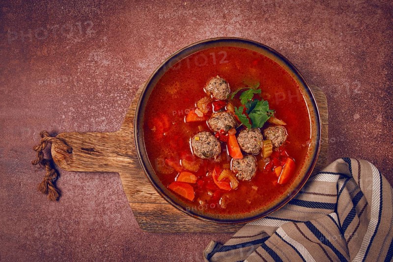 Romanian soup with meatballs, vegetable soup with meatballs, homemade, no people