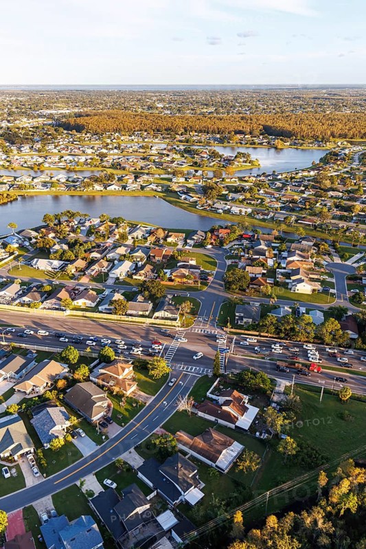 Aerial view of a new housing estate with houses in Buenaventura Lakes, Orlando, USA