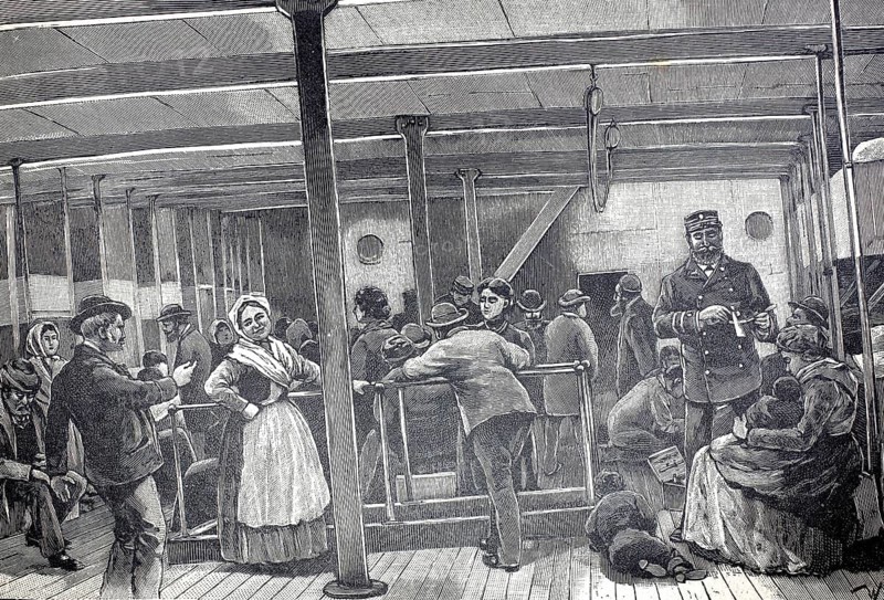 Augusta Victoria, a fast steamer that was the largest German passenger ship from 1888 to 1889. It sailed for the Hamburg-Amerikanische Packetfahrt-Actien-Gesellschaft (HAPAG), here scene from the steerage, illustration, reproduction from a 19th century original. Authentic, file restored for optimal use, exact date of original unknown, Historical, Various people on a ship's deck, engrossed in conversation or observing the surroundings