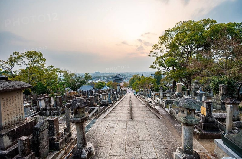 View of the city at sunset, cemetery, Konkai-Komyoji Temple, Kurodanicho, Kyoto, Japan