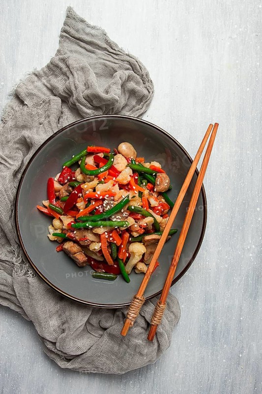 Wok, Asian-style vegetables, street food, mixed vegetables, no people, top view