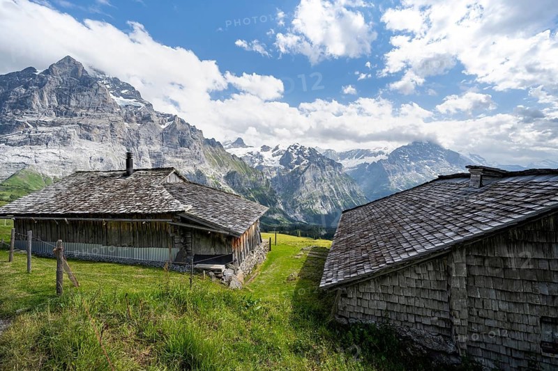 Mountain hut, alpine huts with shingles, picturesque mountain landscape, Grindelwald, Bernese Alps, Bernese Oberland, Switzerland