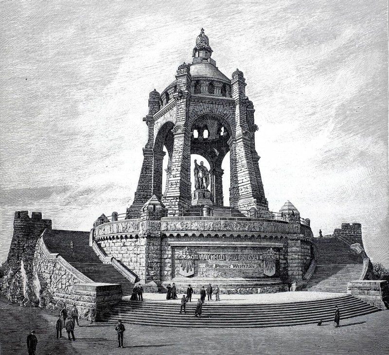 The Kaiser Wilhelm Memorial on Wittekindsberg in Porta Westphalica around 1890, North Rhine-Westphalia, Germany, illustration, reproduction from a model from the 19th century. Authentic, file restored for optimal use, exact date of submission unknown, historical